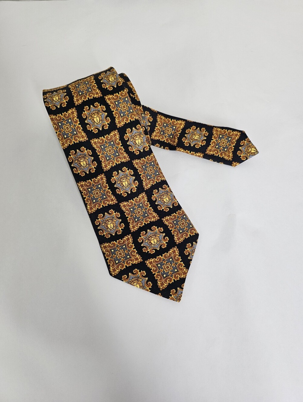Vintage Gianni Versace Medusa Baroque Silk Tie Navy Gold